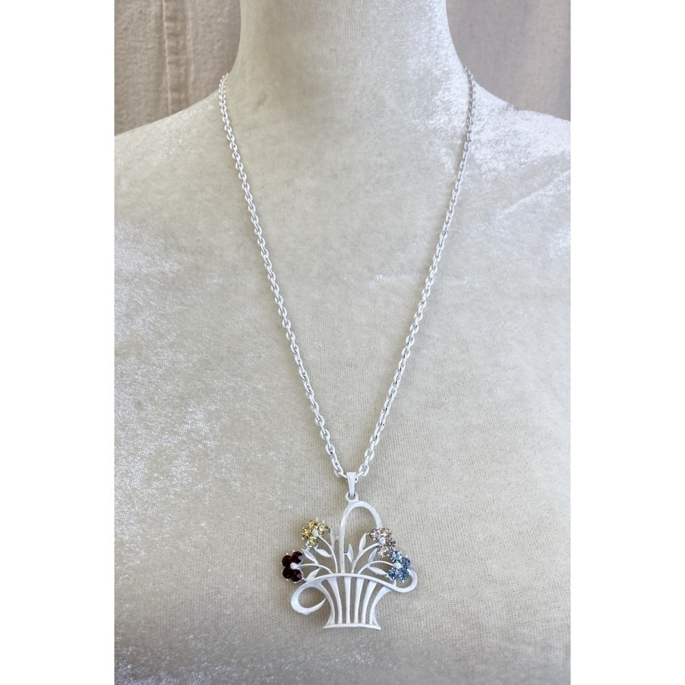 Vintage White flower basket rhinestone necklace w white chain